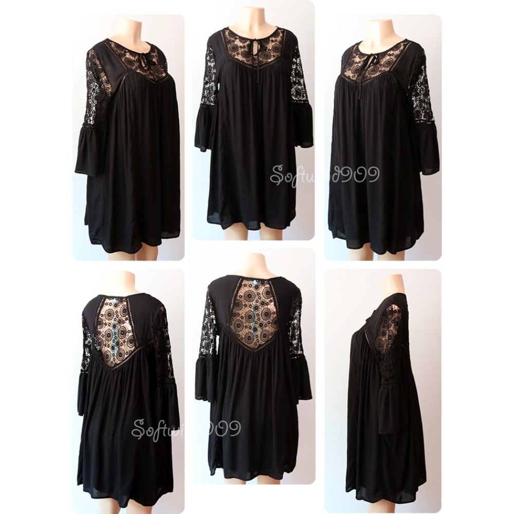 Last☝️Black Crochet Lace Boho Babydoll Swing Dress - Picture 7 of 8